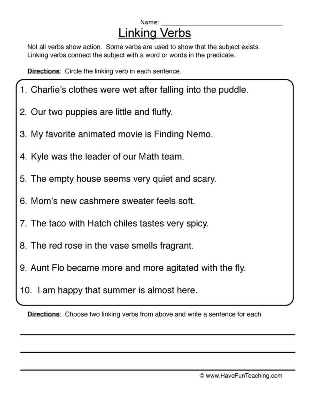 An educational teaching resource from Have Fun Teaching entitled Finding Linking Verbs Worksheet downloadable at Teach Simple.