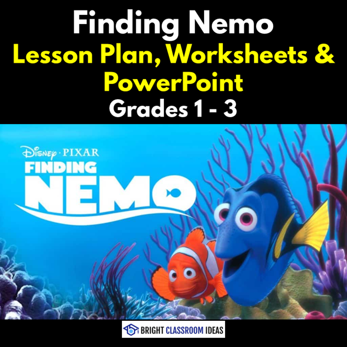An educational teaching resource from Bright Classroom Ideas Marketplace entitled Finding Nemo Lesson Plan, Worksheets & PowerPoint | Grades 1 - 3 downloadable at Teach Simple.