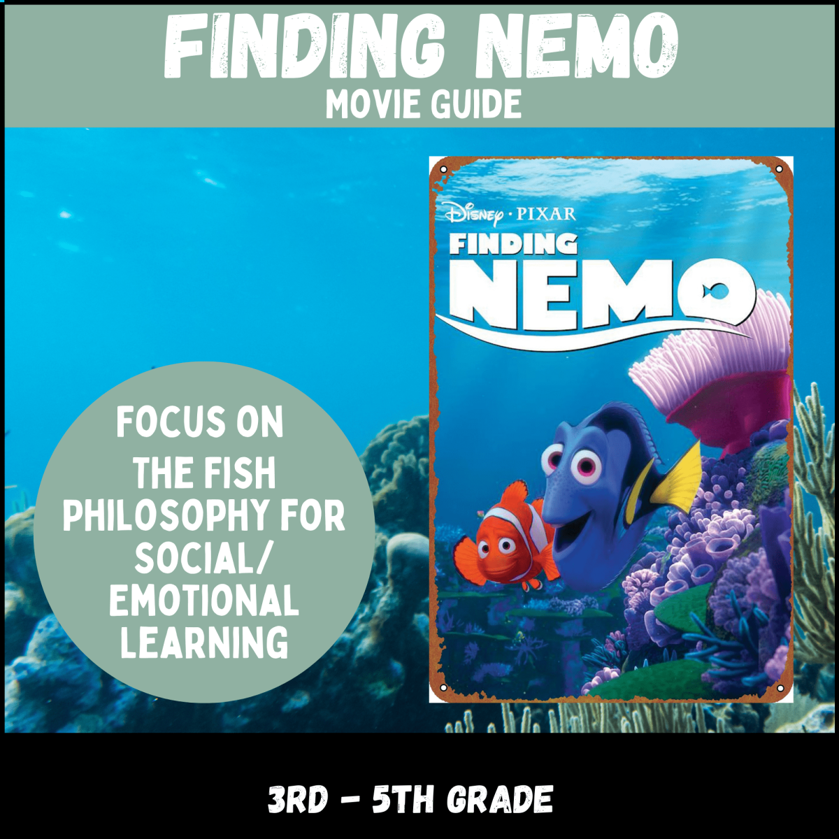 An educational teaching resource from Kel's Klass entitled Finding Nemo Movie Guide (Fish Philosophy - Social/Emotional) downloadable at Teach Simple.