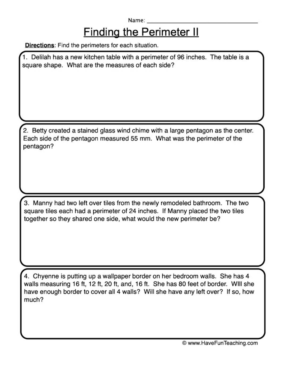 An educational teaching resource from Have Fun Teaching entitled Finding Perimeter Word Problems Worksheet downloadable at Teach Simple.