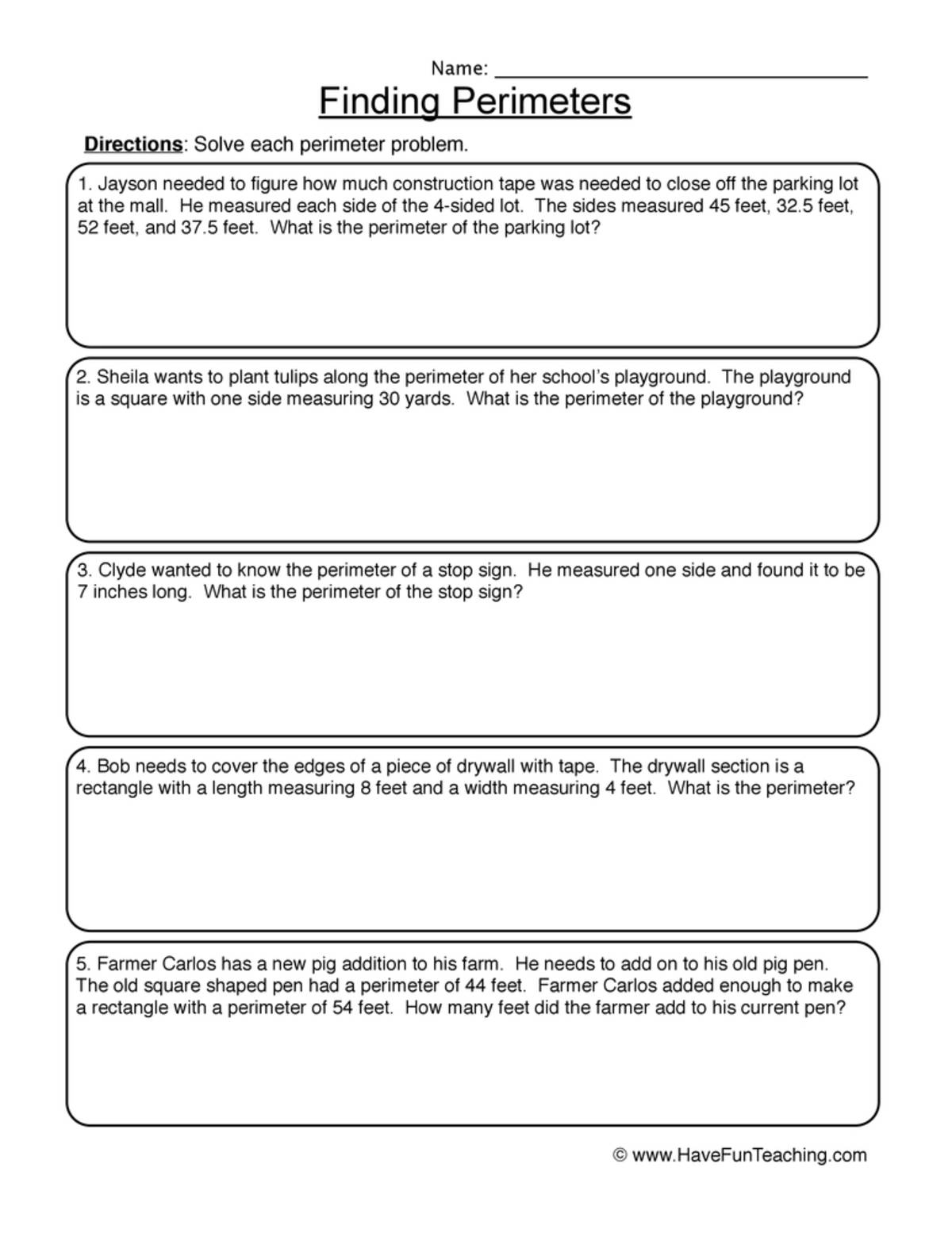 An educational teaching resource from Have Fun Teaching entitled Finding Perimeters Word Problems Worksheet downloadable at Teach Simple.