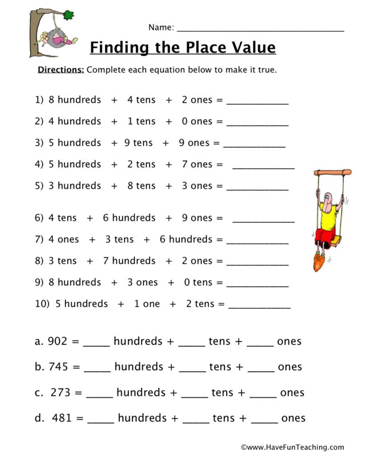 An educational teaching resource from Have Fun Teaching entitled Finding Place Value Worksheet downloadable at Teach Simple.