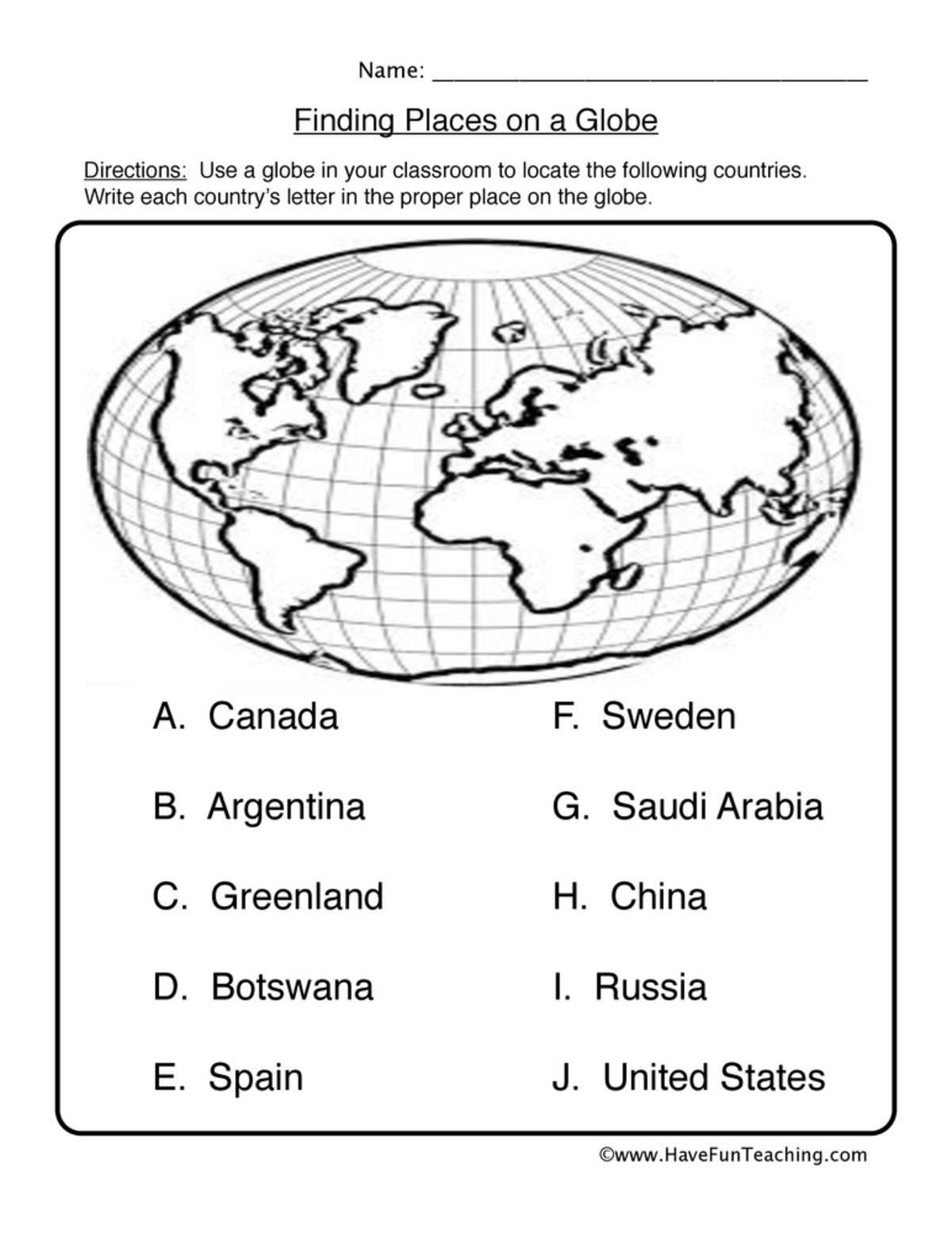 An educational teaching resource from Have Fun Teaching entitled Finding Places on a Globe Worksheet downloadable at Teach Simple.