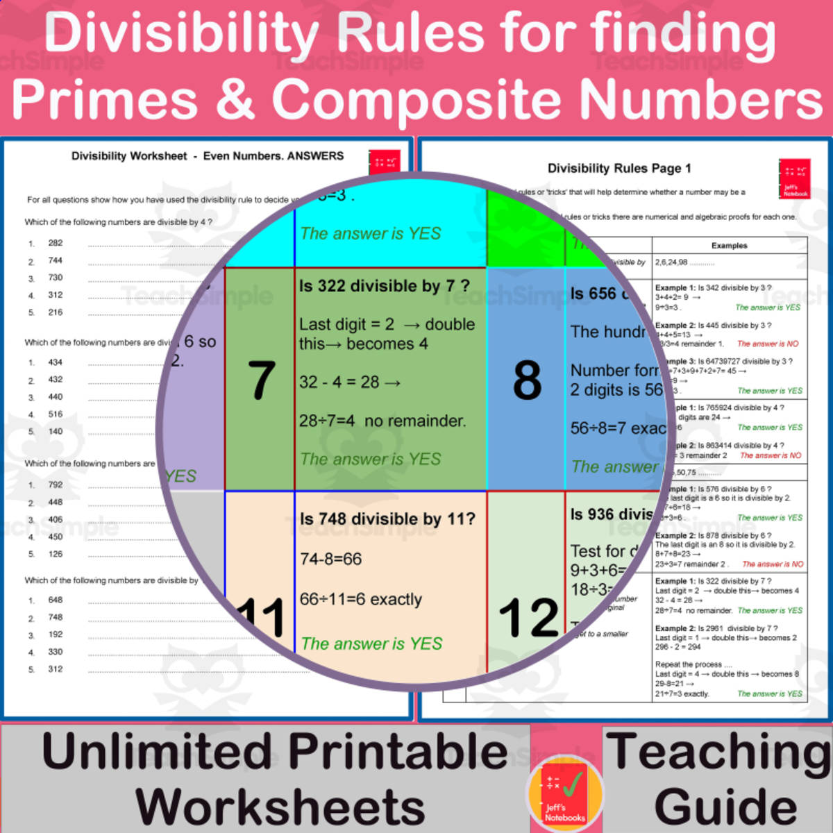 An educational teaching resource from Jeff's Notebooks entitled Finding Prime & Composite Numbers using Divisibility Rules downloadable at Teach Simple.