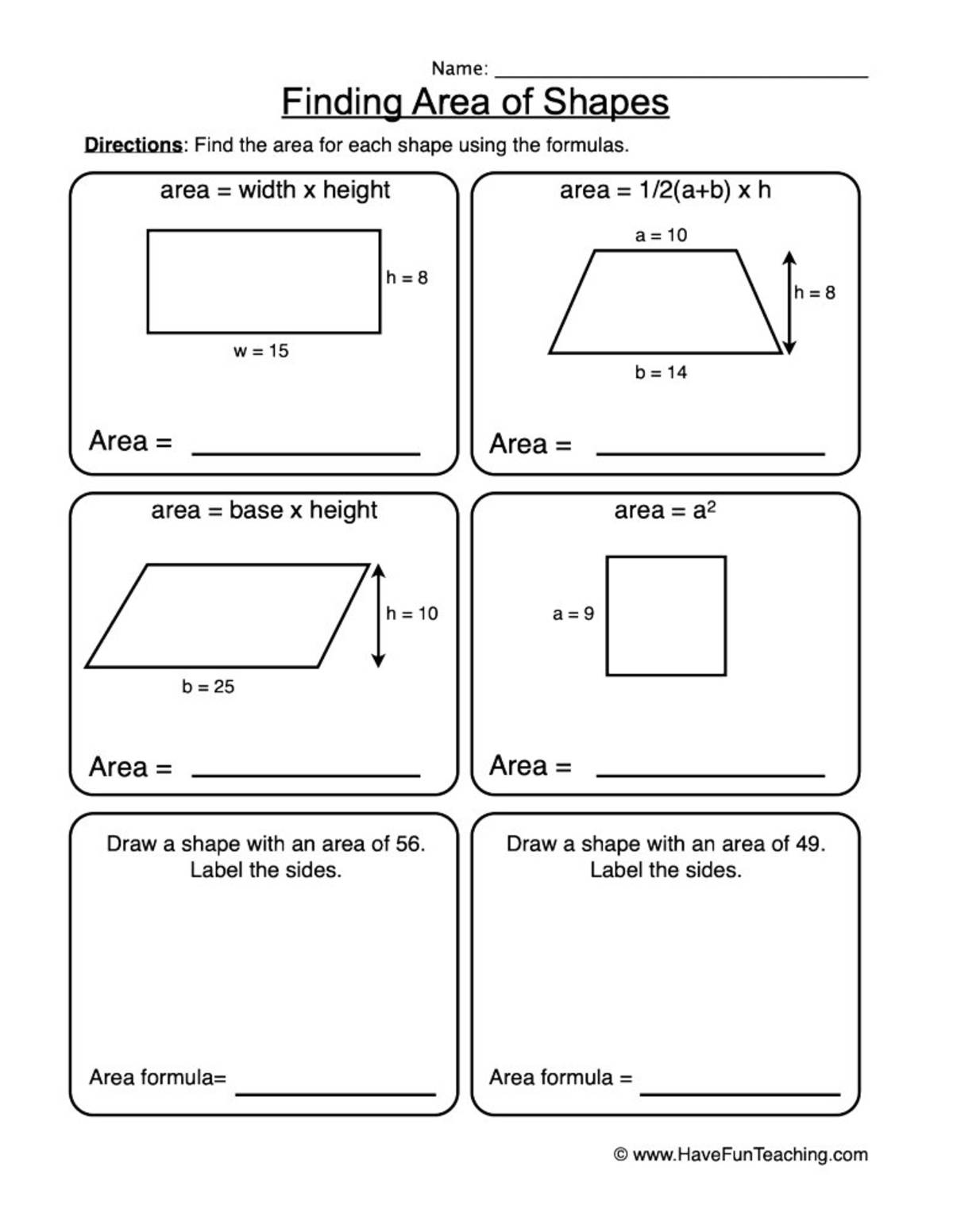 An educational teaching resource from Have Fun Teaching entitled Finding the Area of Shapes Formulas Worksheet downloadable at Teach Simple.