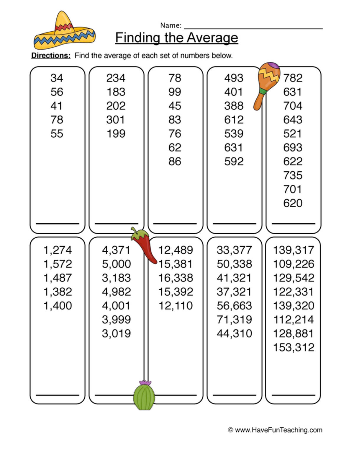 An educational teaching resource from Have Fun Teaching entitled Finding the Average To Hundred Thousands Worksheet downloadable at Teach Simple.