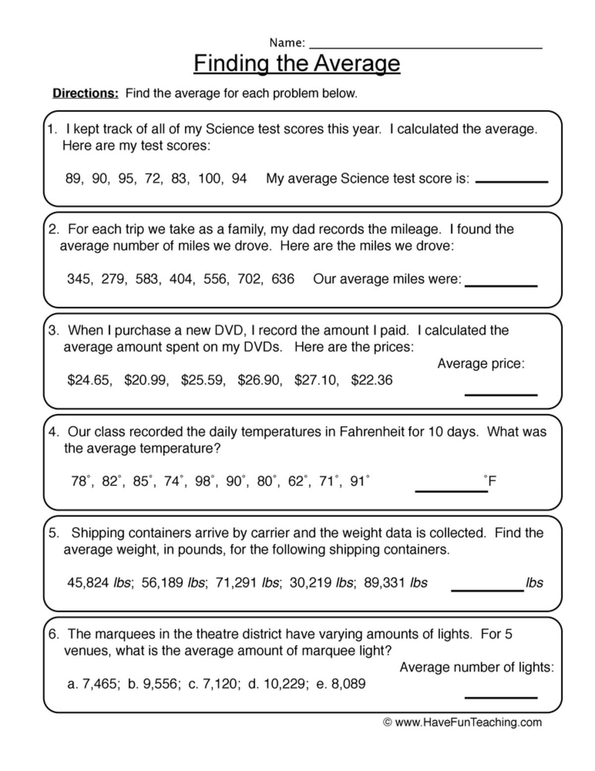 An educational teaching resource from Have Fun Teaching entitled Finding the Average Word Problems Worksheet downloadable at Teach Simple.