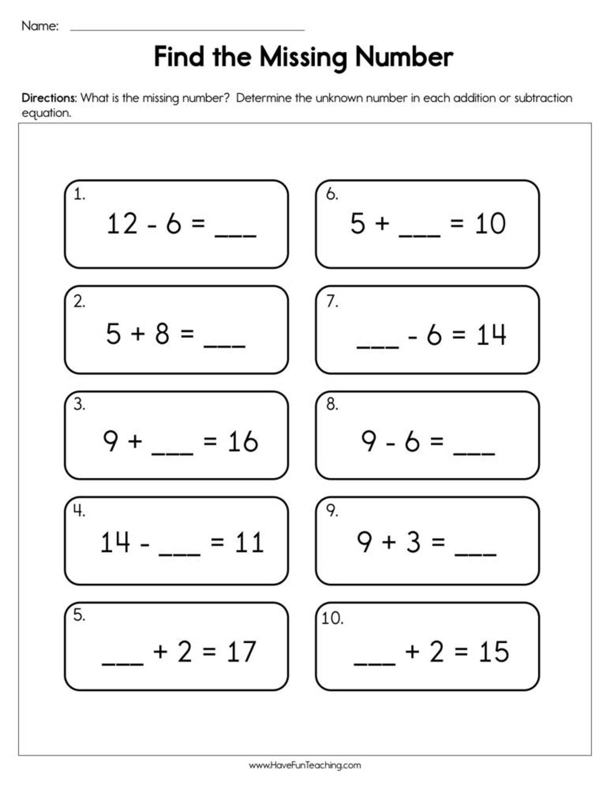 An educational teaching resource from Have Fun Teaching entitled Finding the Missing Number Worksheet downloadable at Teach Simple.