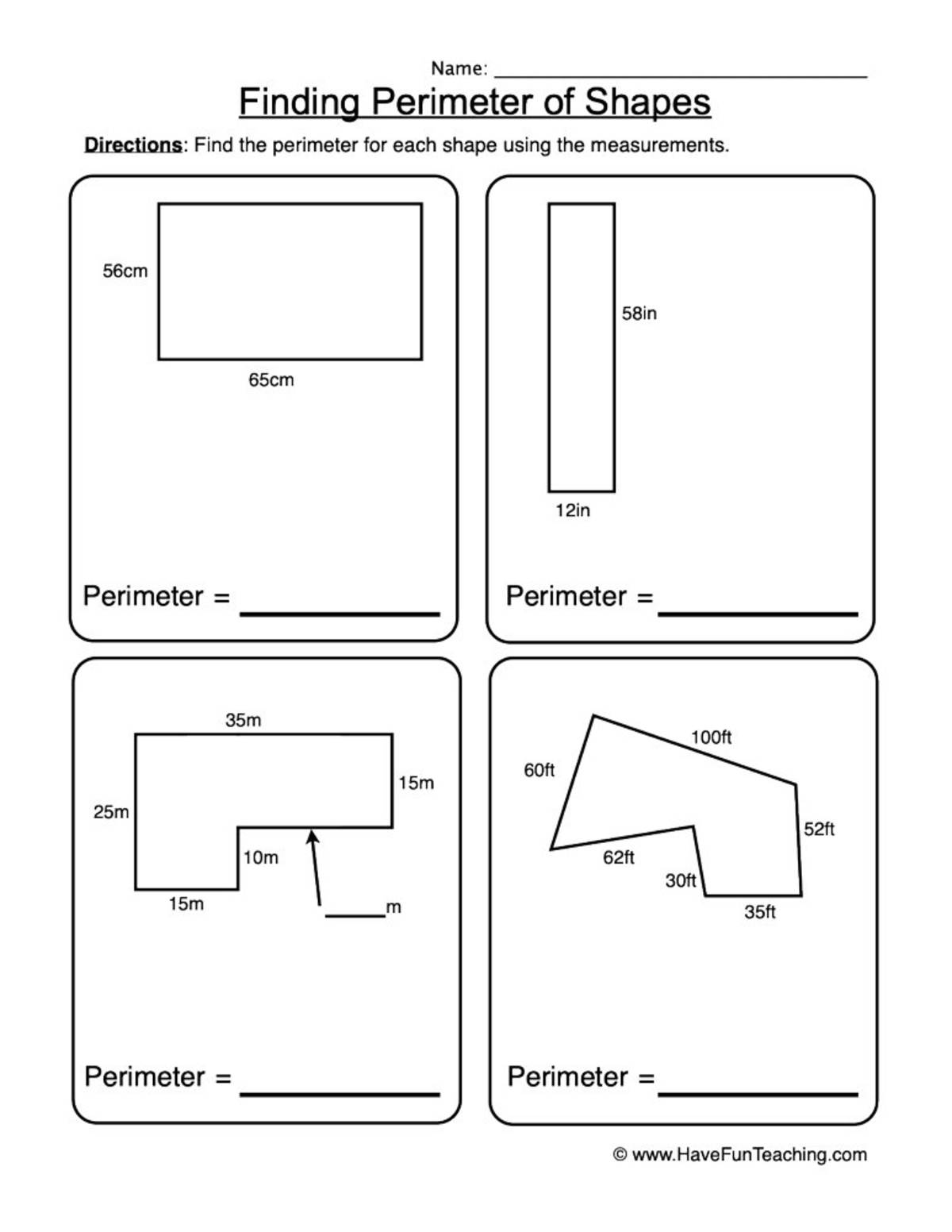 An educational teaching resource from Have Fun Teaching entitled Finding the Perimeter of Shapes Formulas Worksheet downloadable at Teach Simple.