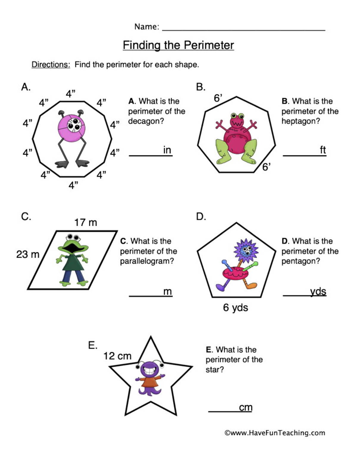 An educational teaching resource from Have Fun Teaching entitled Finding the Perimeter Worksheet downloadable at Teach Simple.