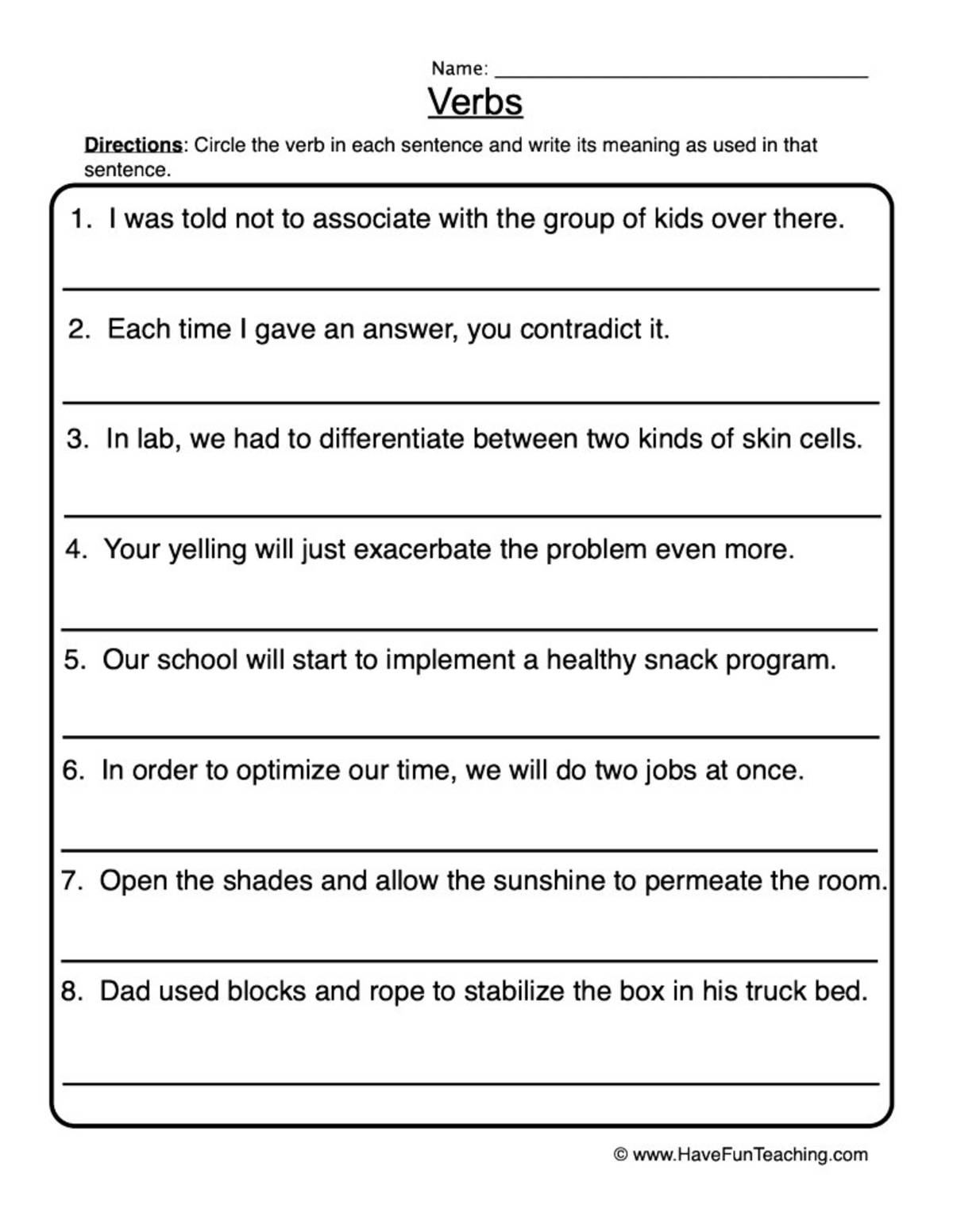 An educational teaching resource from Have Fun Teaching entitled Finding Verbs Worksheet downloadable at Teach Simple.