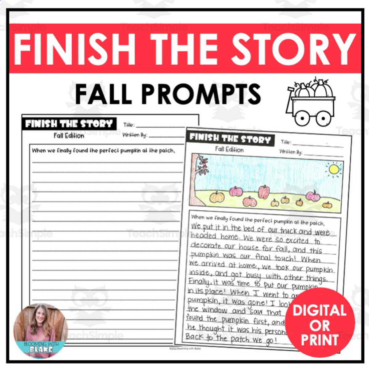 An educational teaching resource from Blooming with Blake entitled Finish the Story: Fall Theme Writing Prompts downloadable at Teach Simple.