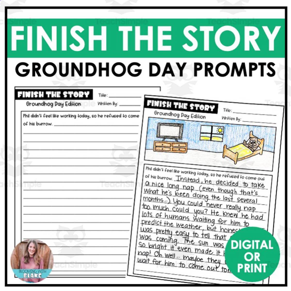 An educational teaching resource from Blooming with Blake entitled Finish the Story: Groundhog Day Writing Prompts downloadable at Teach Simple.