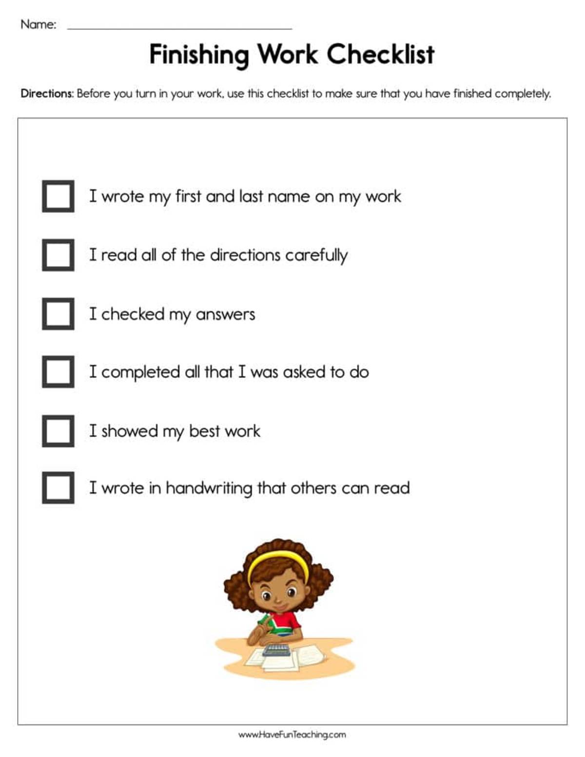 An educational teaching resource from Have Fun Teaching entitled Finishes Work Checklist Worksheet downloadable at Teach Simple.
