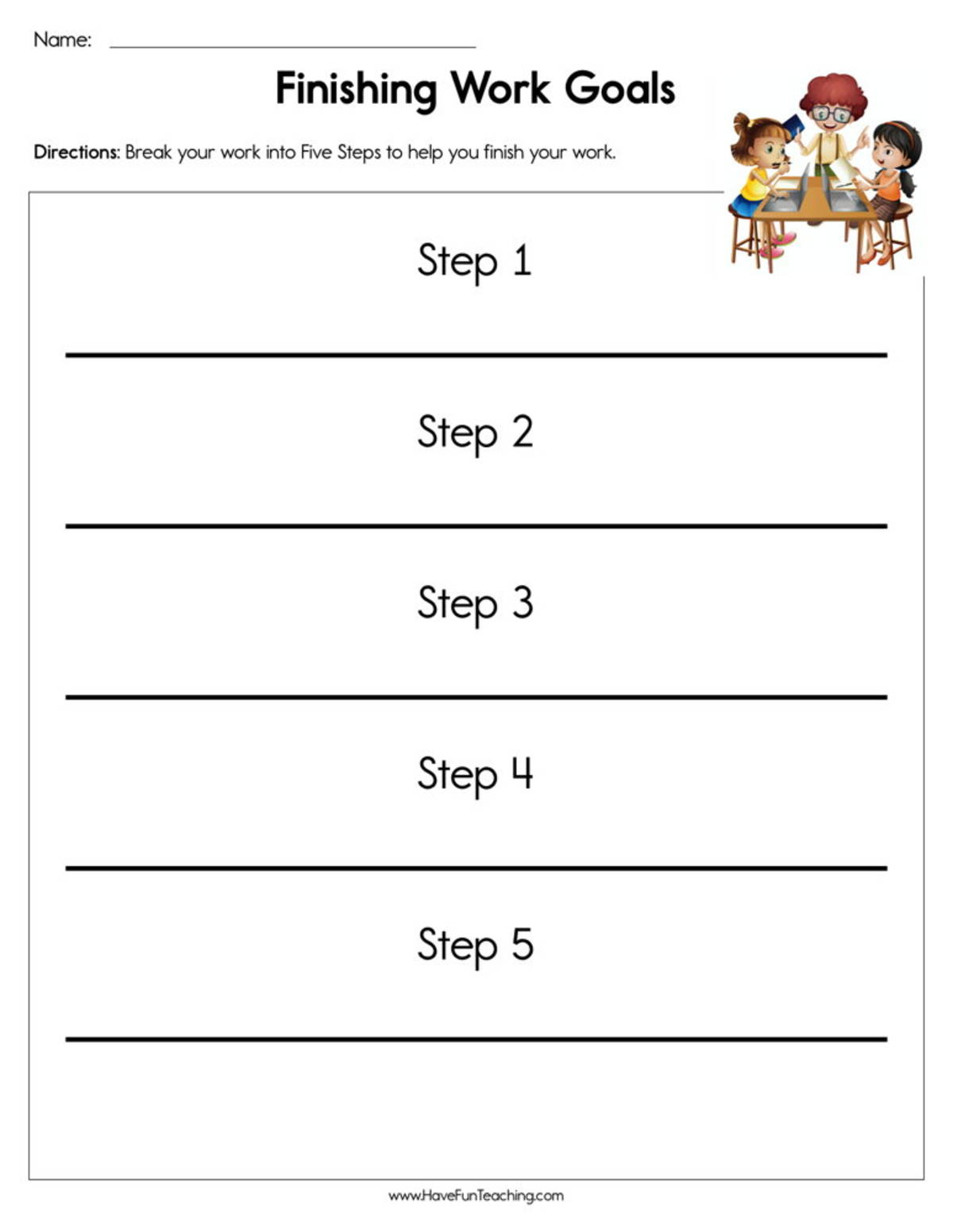 An educational teaching resource from Have Fun Teaching entitled Finishing Work Goals Worksheet downloadable at Teach Simple.