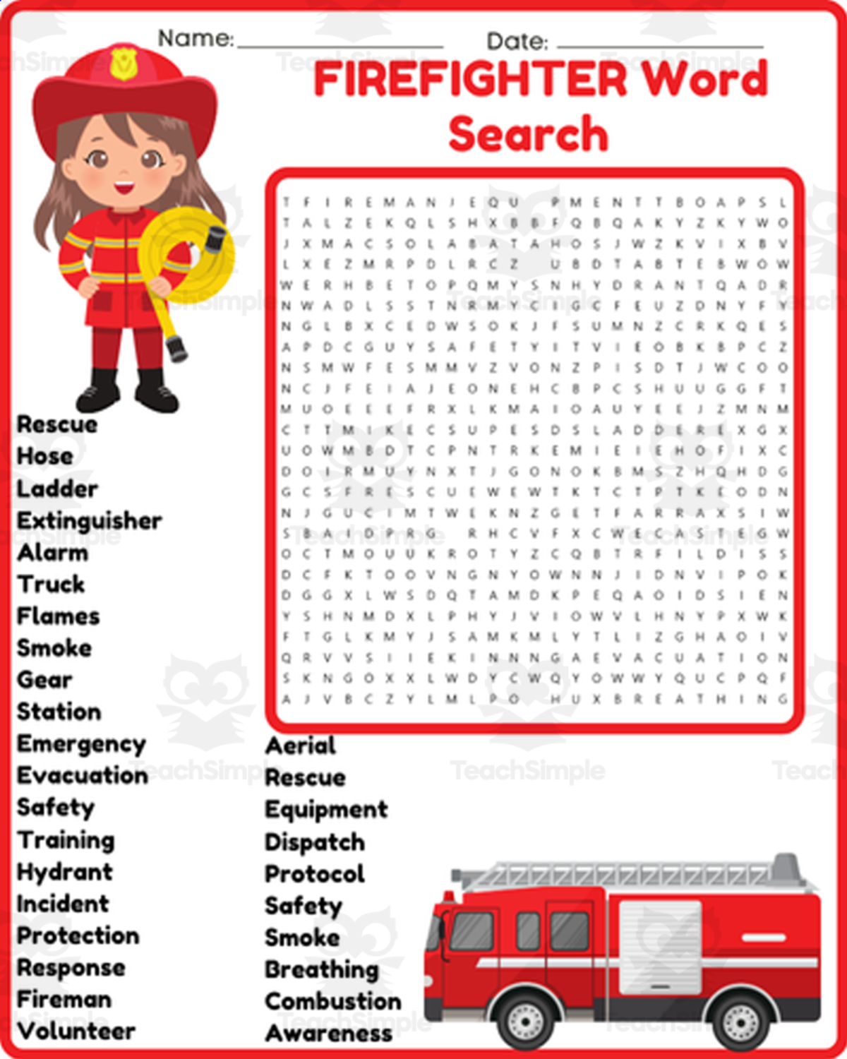 An educational teaching resource from space shope entitled FIREFIGHTER'S HEROICS Word Search Worksheet Activity downloadable at Teach Simple.