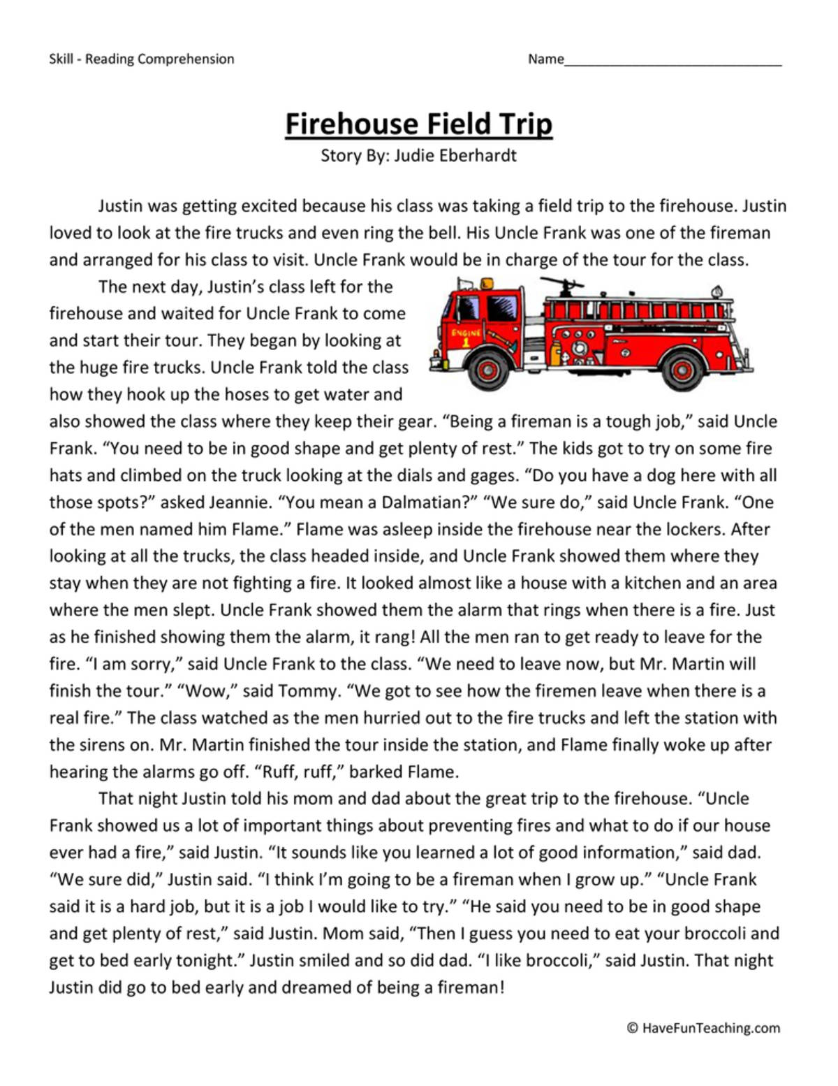 An educational teaching resource from Have Fun Teaching entitled Firehouse Field Trip - Reading Comprehension Worksheet downloadable at Teach Simple.