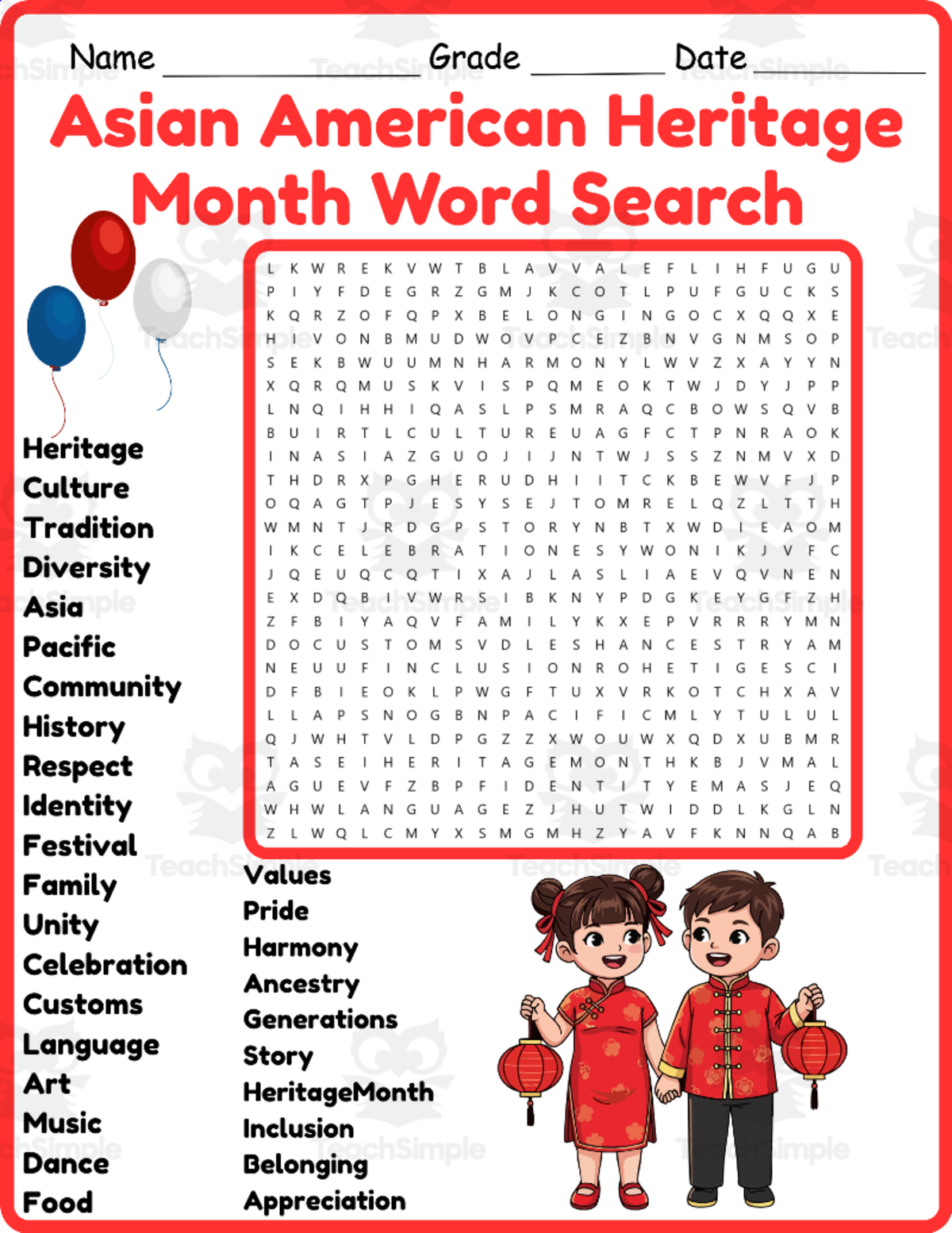 An educational teaching resource from Classsimple entitled First Day of Asian Pacific American Heritage Month Word Search downloadable at Teach Simple.