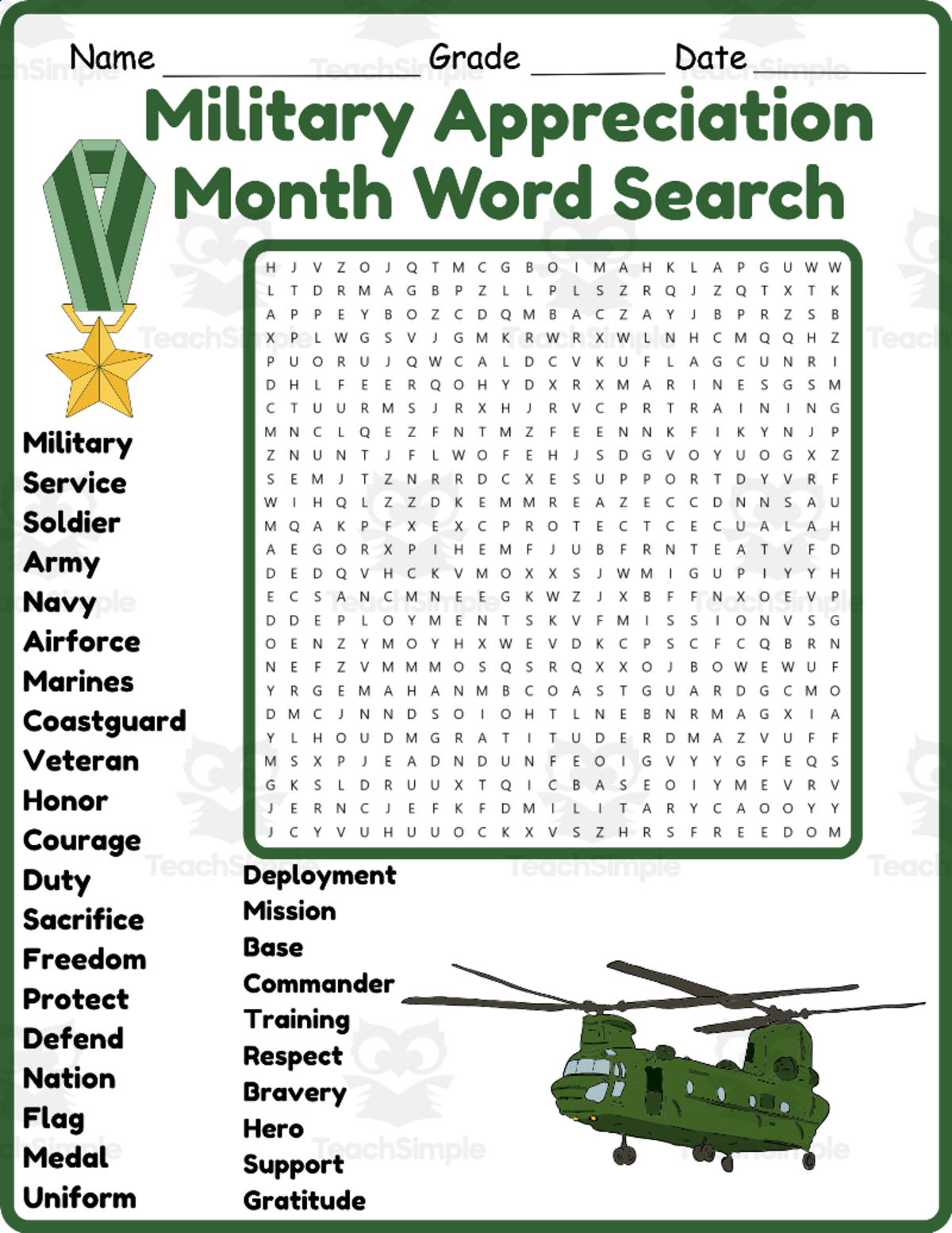 An educational teaching resource from Classsimple entitled First Day of Military Appreciation Month Word Search downloadable at Teach Simple.