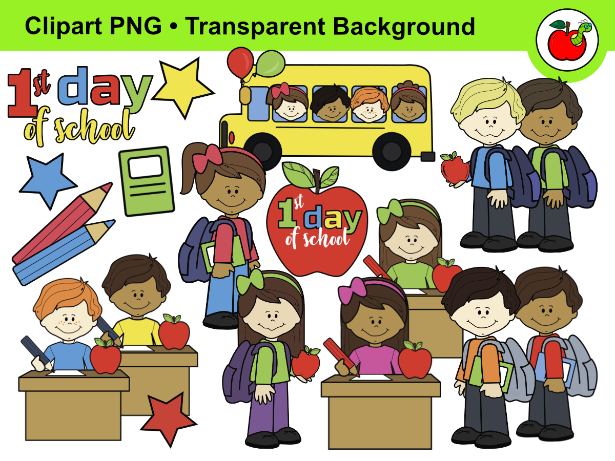 An educational teaching resource from Clipartino entitled First Day of School Clipart – Back to School Clipart, Kids Clip downloadable at Teach Simple.