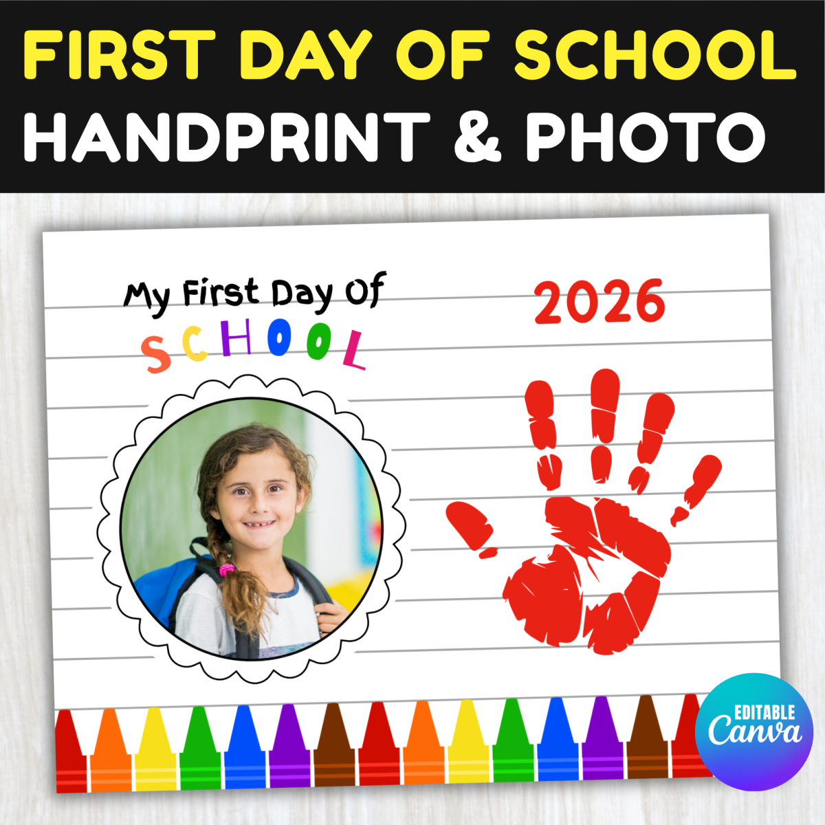 An educational teaching resource from screenzro entitled First Day of School Handprint & Photo - Preschool, Pre-K, Kindergarten downloadable at Teach Simple.