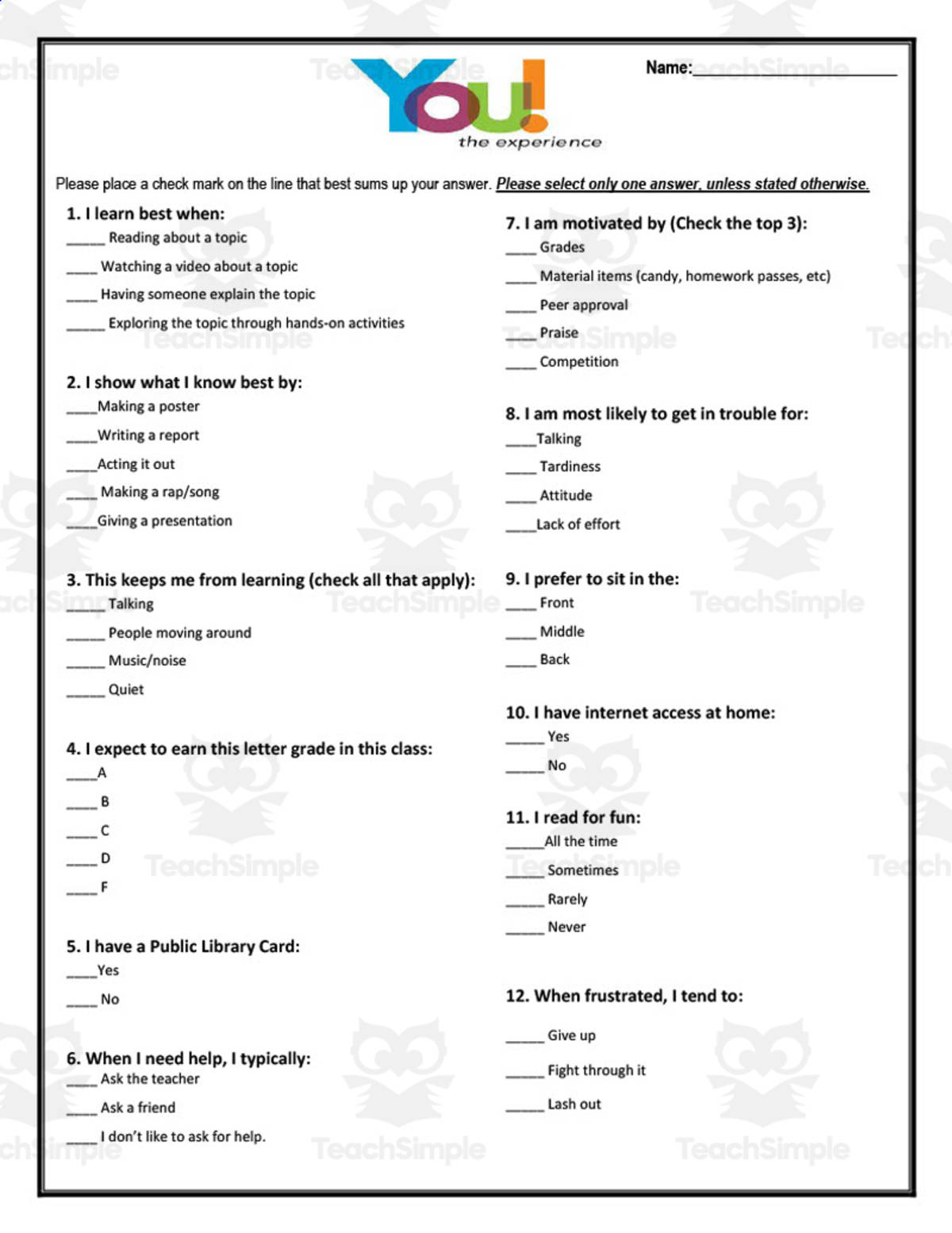An educational teaching resource from Time Thrifty Teacher entitled First Day of School Inventory downloadable at Teach Simple.