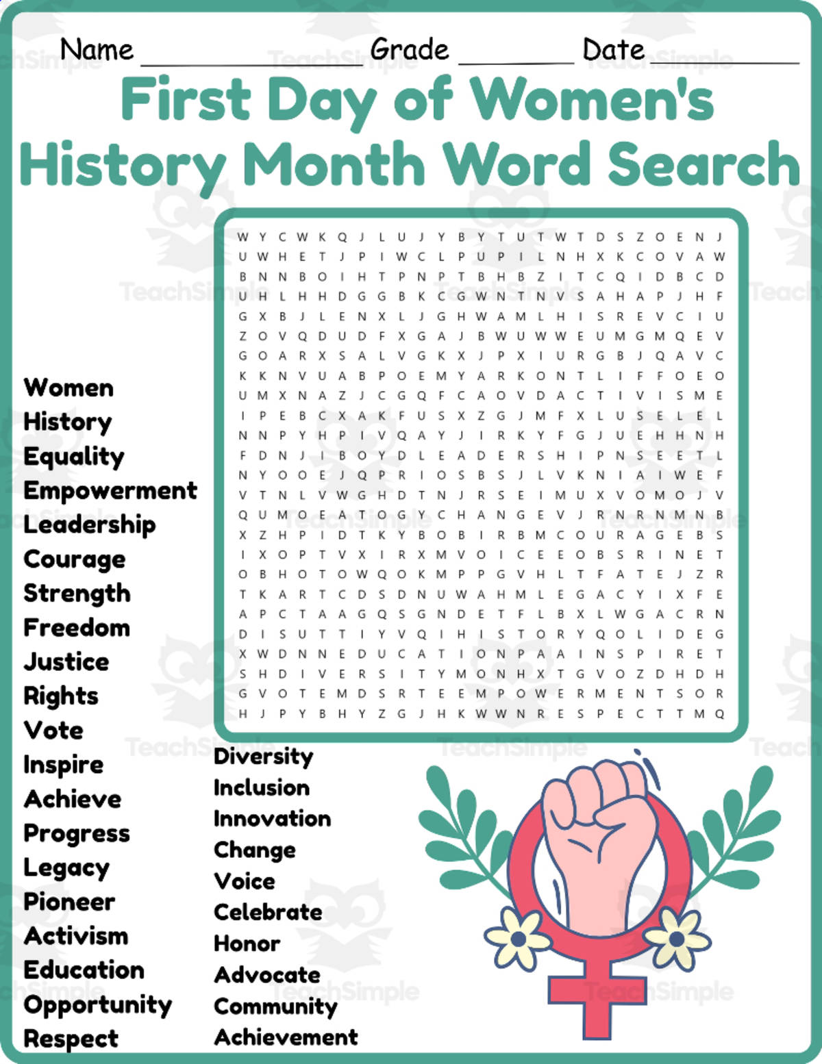 An educational teaching resource from Classsimple entitled First Day of Women’s History Month Word Search 2nd, 3rd, 4th & 5th Gra downloadable at Teach Simple.