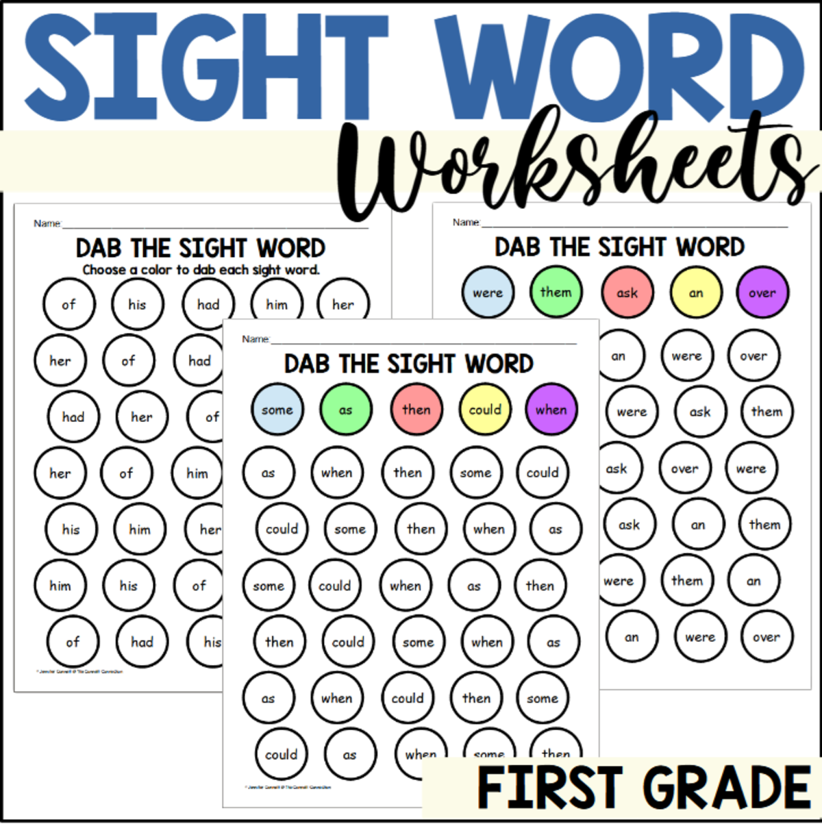 An educational teaching resource from The Connett Connection entitled First Grade Dab a Sight Word Worksheets downloadable at Teach Simple.
