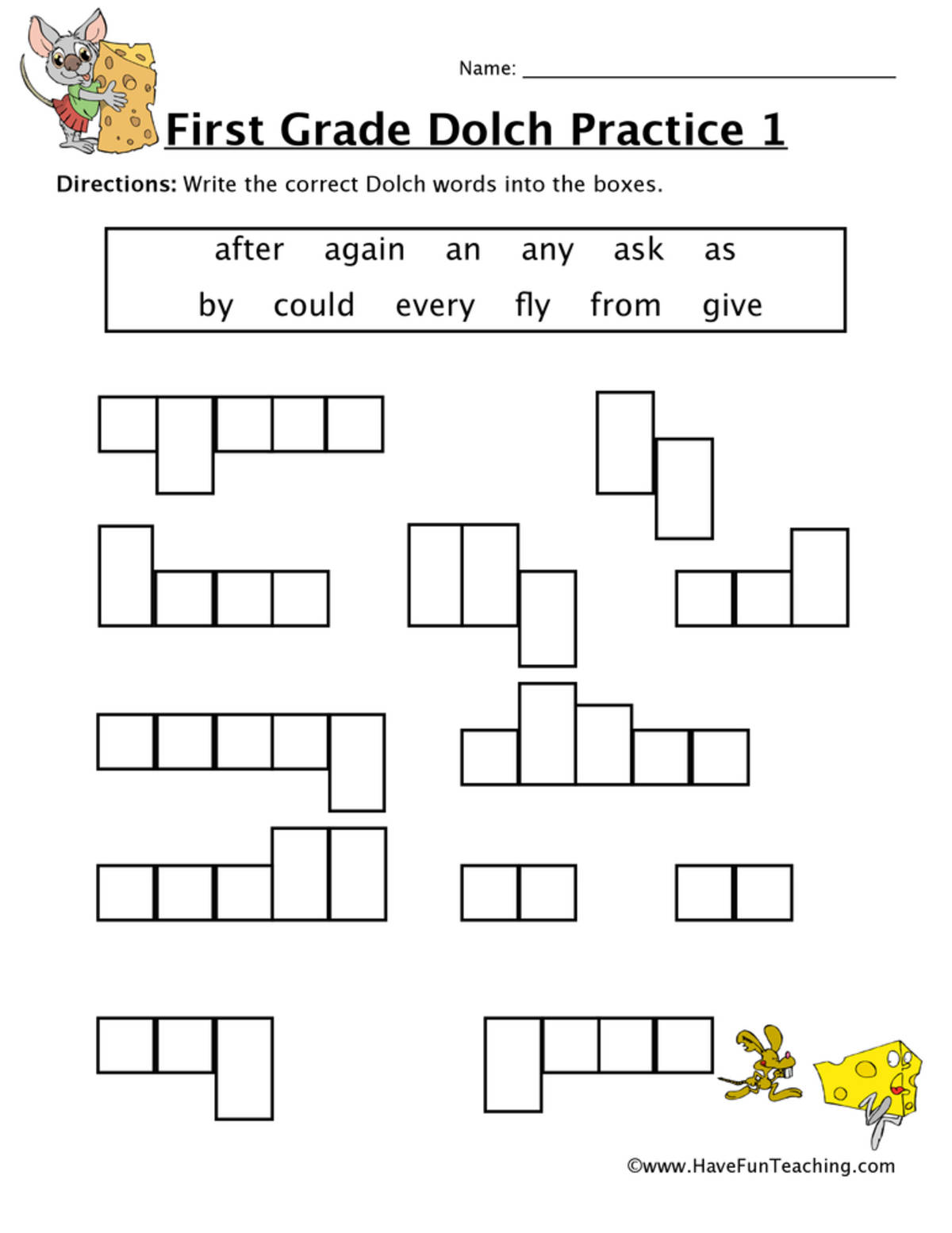 An educational teaching resource from Have Fun Teaching entitled First Grade Sight Words A to G Worksheet downloadable at Teach Simple.