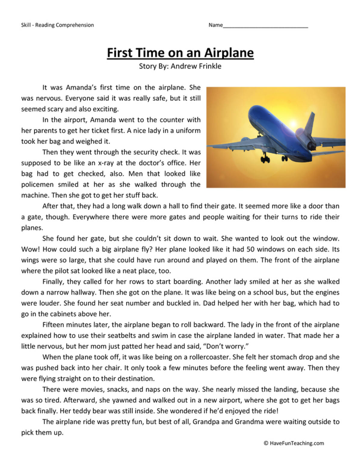 An educational teaching resource from Have Fun Teaching entitled First Time on a Plane - Reading Comprehension Worksheet downloadable at Teach Simple.