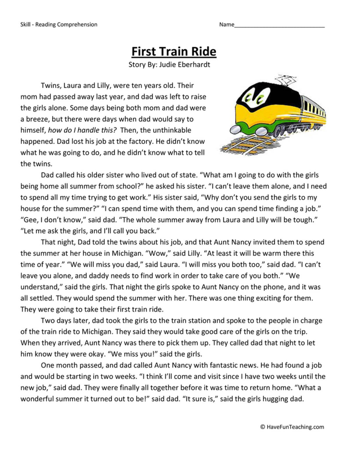 An educational teaching resource from Have Fun Teaching entitled First Train Ride - Reading Comprehension Worksheet downloadable at Teach Simple.