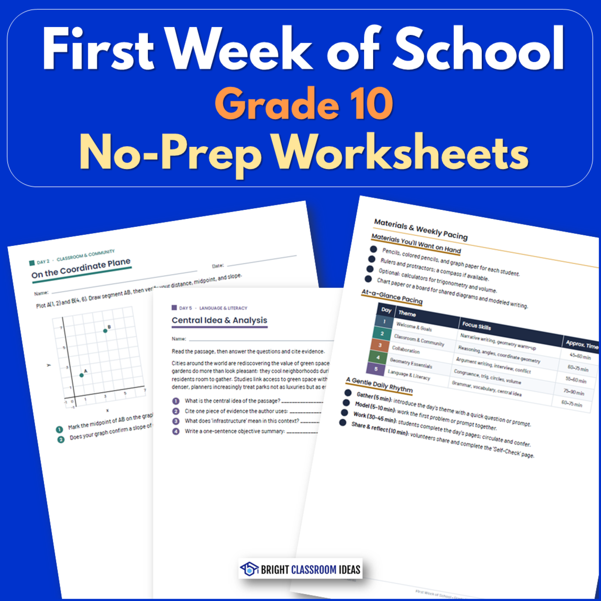 An educational teaching resource from Bright Classroom Ideas Marketplace entitled First Week of School Grade 10 | No-Prep Worksheets downloadable at Teach Simple.