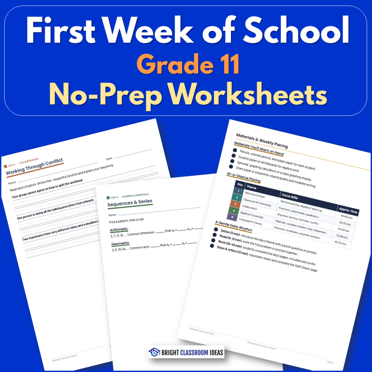 An educational teaching resource from Bright Classroom Ideas Marketplace entitled First Week of School Grade 11 | No-Prep Worksheets downloadable at Teach Simple.