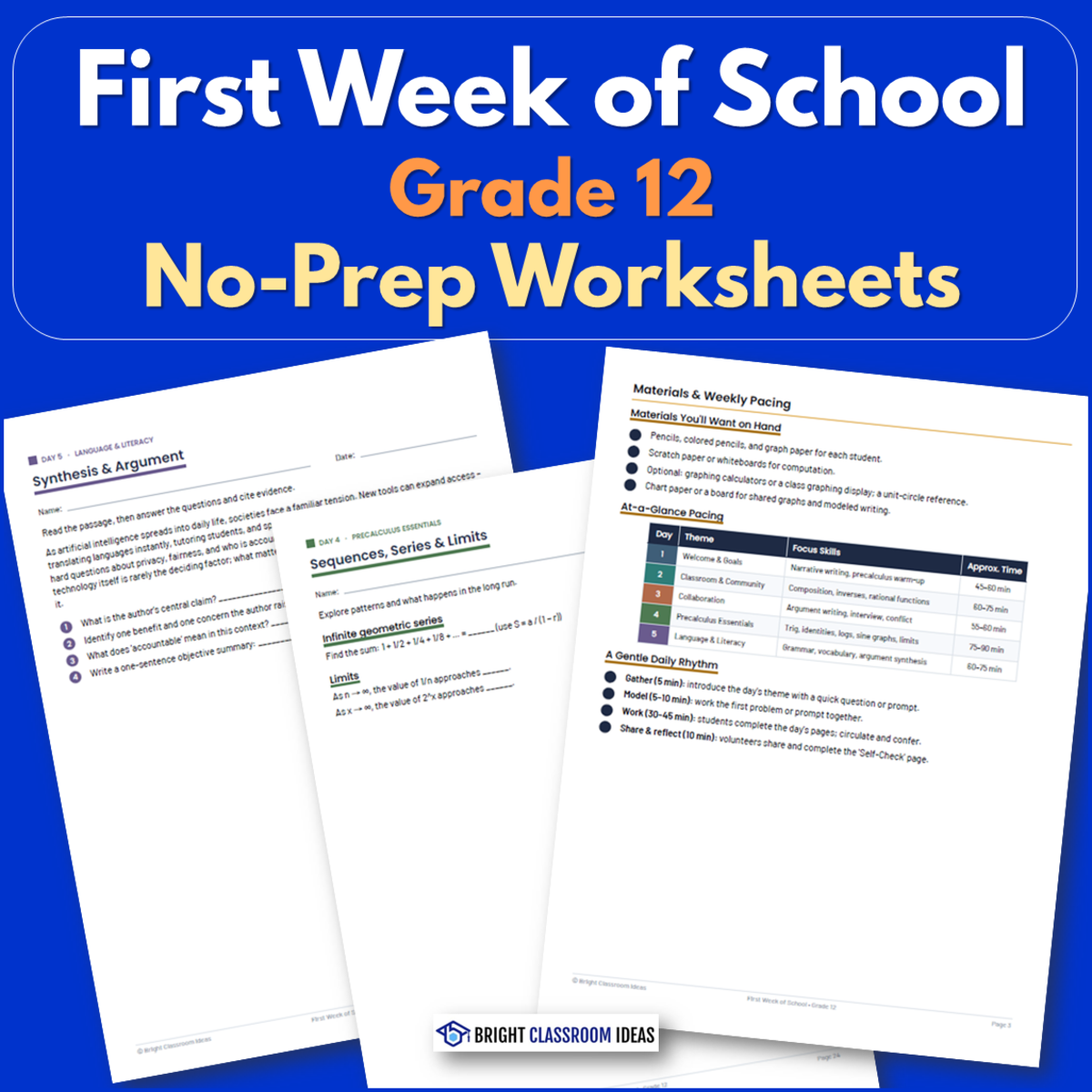 An educational teaching resource from Bright Classroom Ideas Marketplace entitled First Week of School Grade 12 | No-Prep Worksheets downloadable at Teach Simple.