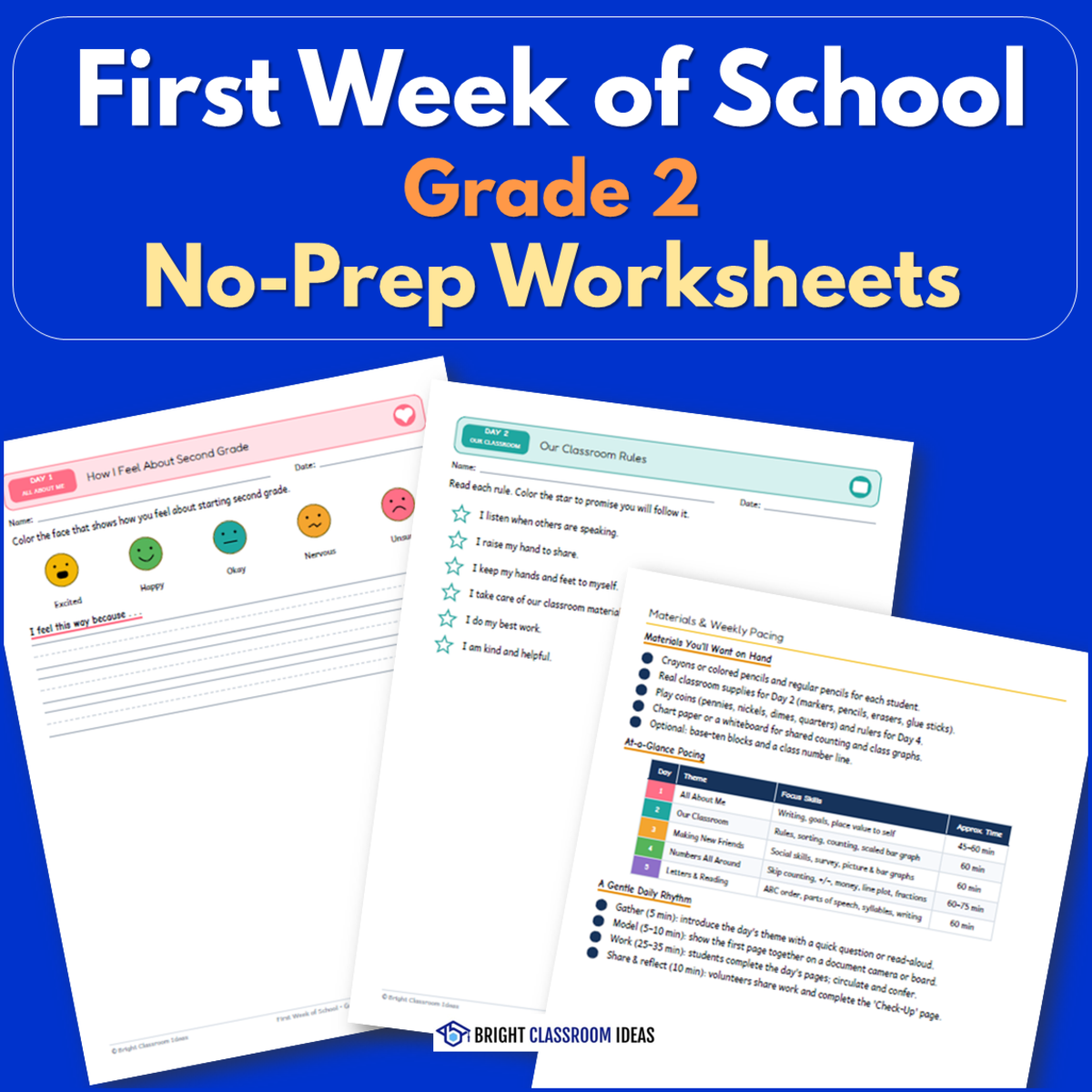 An educational teaching resource from Bright Classroom Ideas Marketplace entitled First Week of School Grade 2 | No-Prep Worksheets downloadable at Teach Simple.