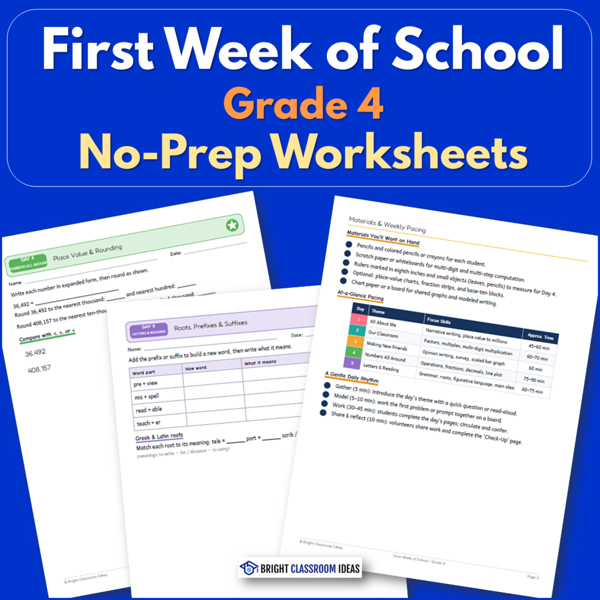 An educational teaching resource from Bright Classroom Ideas Marketplace entitled First Week of School Grade 4 | No-Prep Worksheets downloadable at Teach Simple.