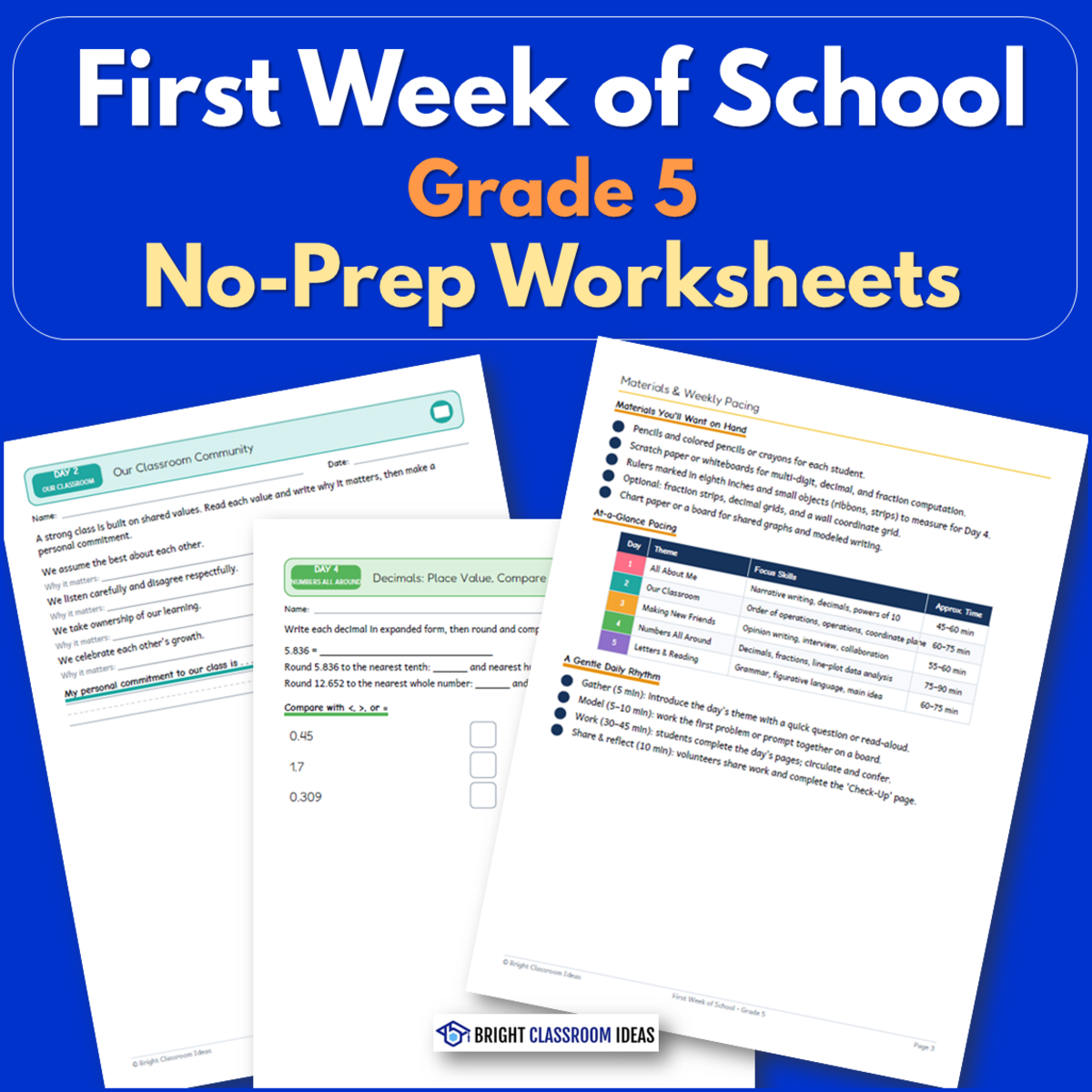An educational teaching resource from Bright Classroom Ideas Marketplace entitled First Week of School Grade 5 | No-Prep Worksheets downloadable at Teach Simple.