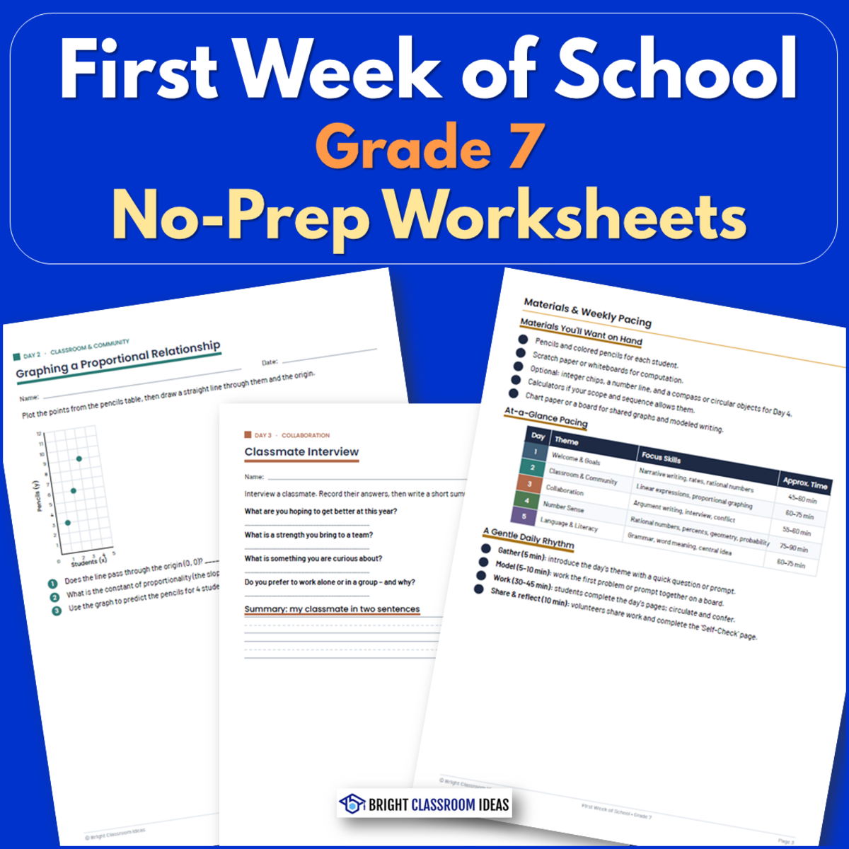 An educational teaching resource from Bright Classroom Ideas Marketplace entitled First Week of School Grade 7 | No-Prep Worksheets downloadable at Teach Simple.