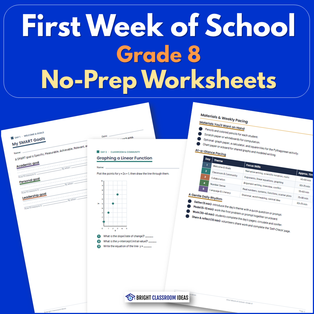 An educational teaching resource from Bright Classroom Ideas Marketplace entitled First Week of School Grade 8 | No-Prep Worksheets downloadable at Teach Simple.