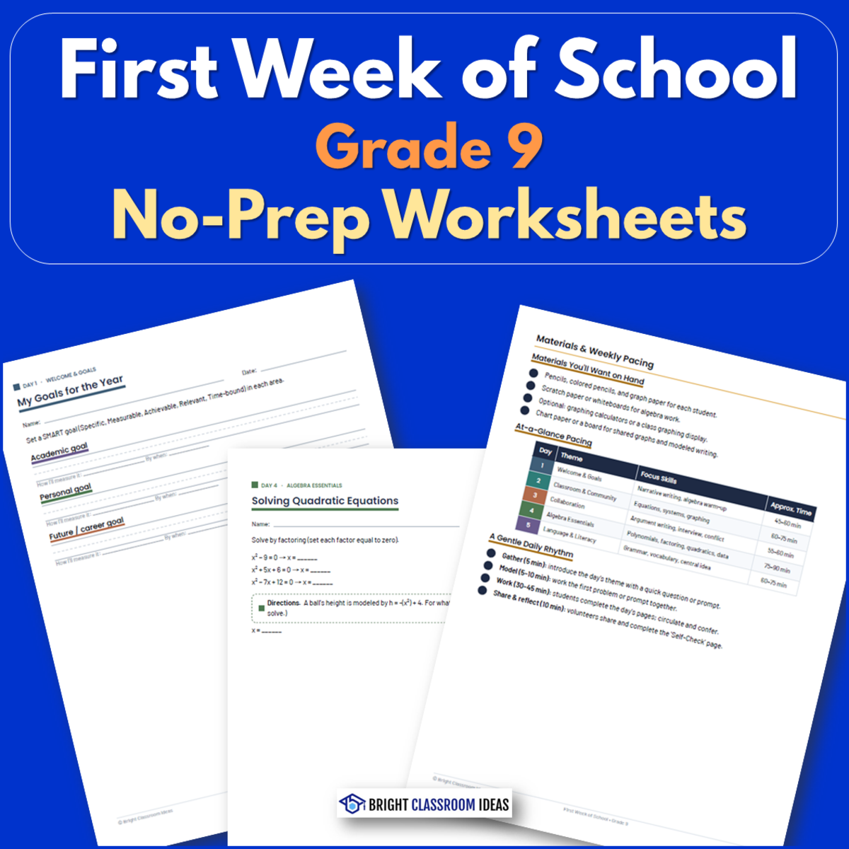 An educational teaching resource from Bright Classroom Ideas Marketplace entitled First Week of School Grade 9 | No-Prep Worksheets downloadable at Teach Simple.