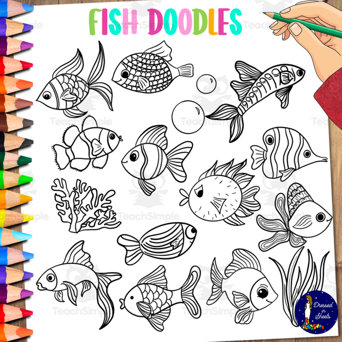 An educational teaching resource from Soumara Siddiqui entitled Fish Doodles downloadable at Teach Simple.