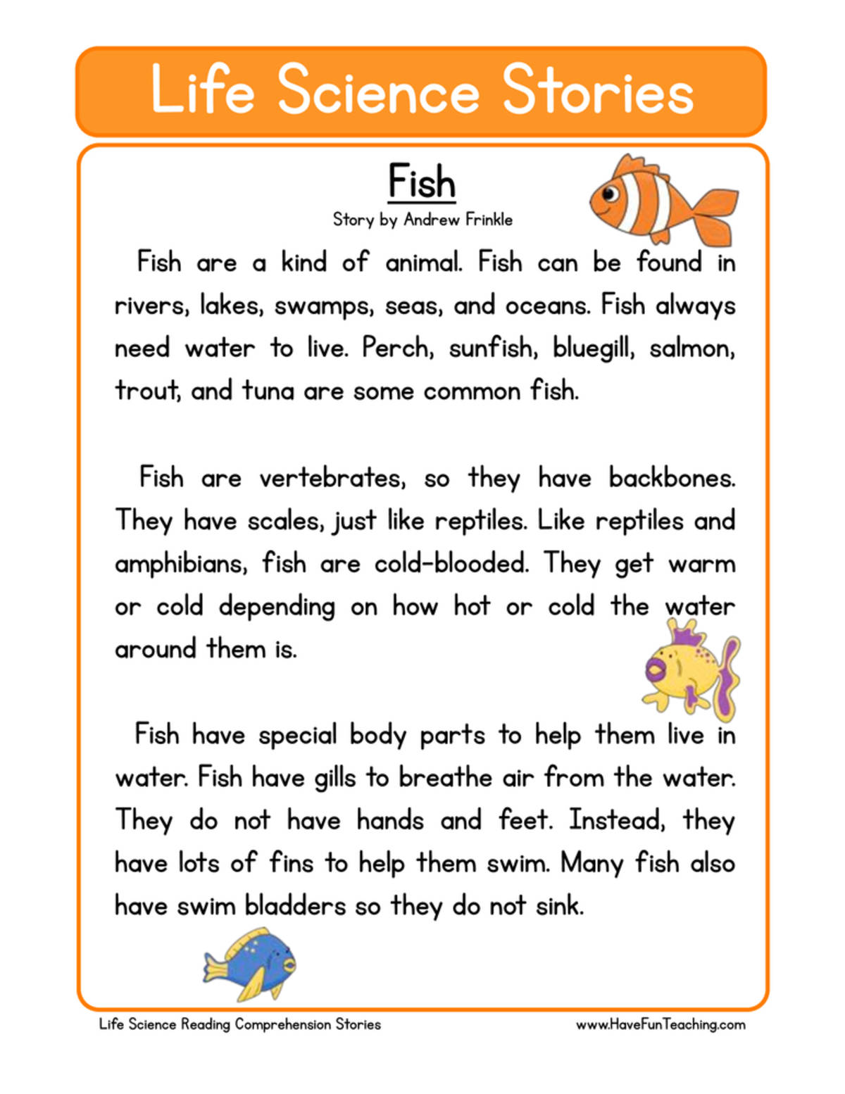 An educational teaching resource from Have Fun Teaching entitled Fish Life Science Reading Comprehension Worksheet downloadable at Teach Simple.