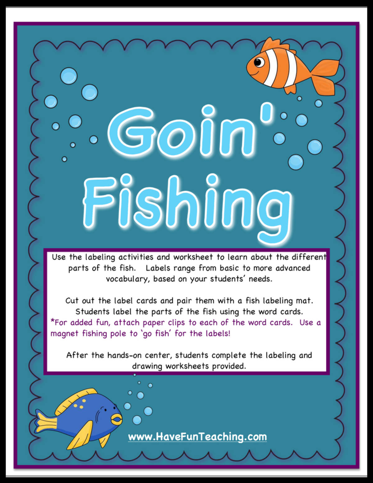 An educational teaching resource from Have Fun Teaching entitled Fish Parts Activity downloadable at Teach Simple.
