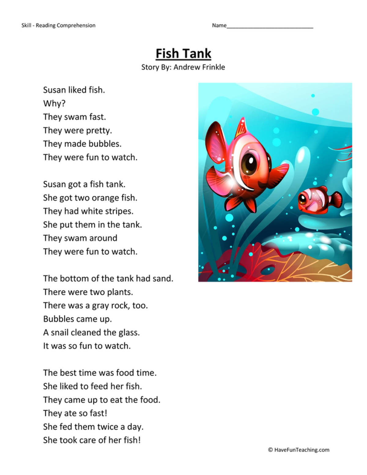 An educational teaching resource from Have Fun Teaching entitled Fish Tank - Reading Comprehension Worksheet downloadable at Teach Simple.
