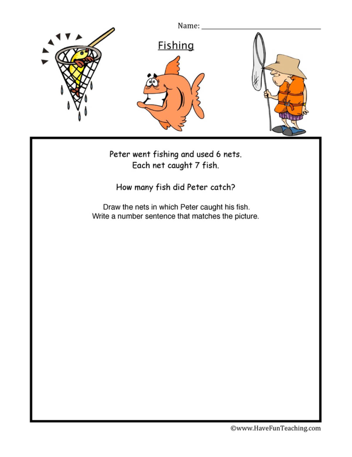 An educational teaching resource from Have Fun Teaching entitled Fishing Multiplication Worksheet downloadable at Teach Simple.