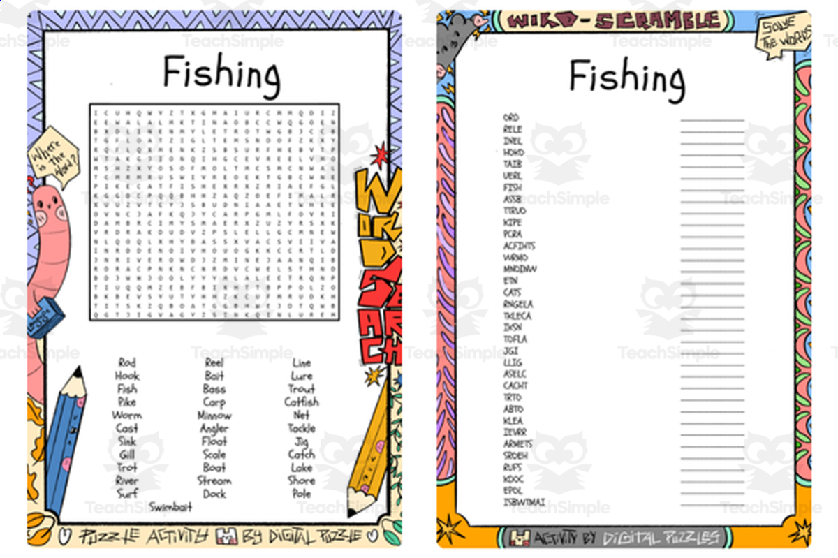 An educational teaching resource from Lapiiin Art Activities entitled Fishing word search & scramble downloadable at Teach Simple.