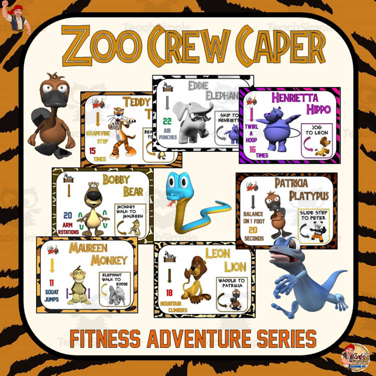An educational teaching resource from Cap'n Pete's Power PE entitled Fitness Adventure Series - Zoo Crew Caper downloadable at Teach Simple.