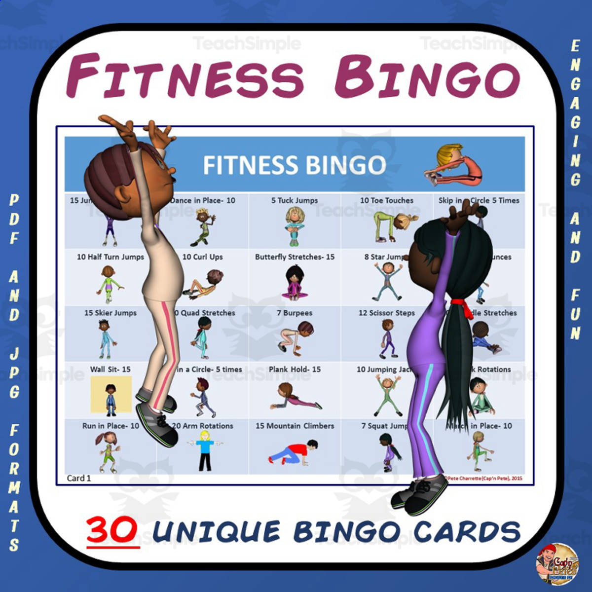 An educational teaching resource from Cap'n Pete's Power PE entitled Fitness Bingo downloadable at Teach Simple.