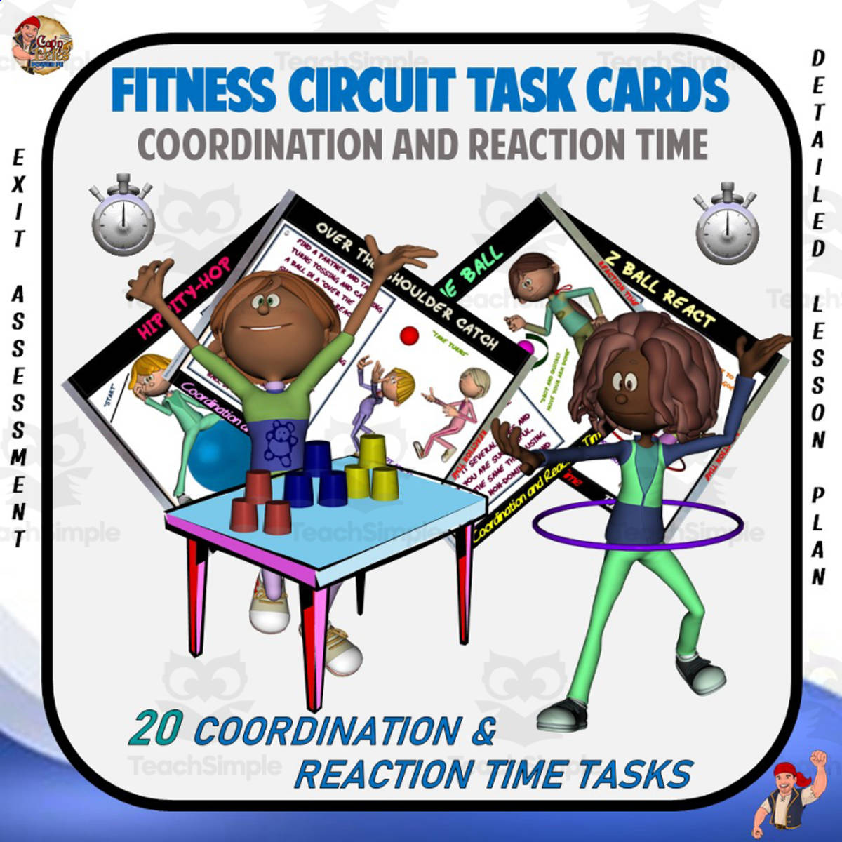 An educational teaching resource from Cap'n Pete's Power PE entitled Fitness Circuit Task Cards: Coordination + Reaction Time downloadable at Teach Simple.