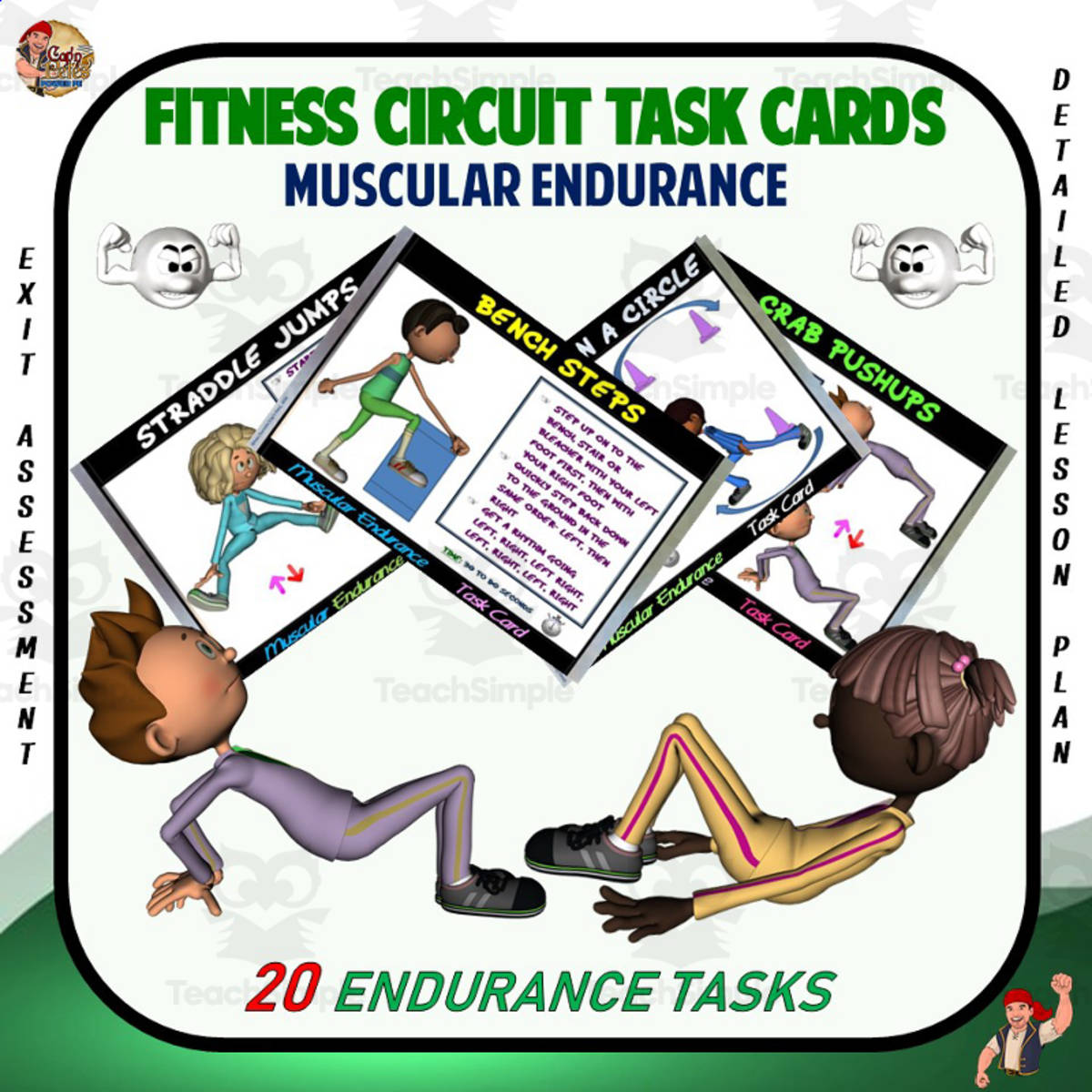 An educational teaching resource from Cap'n Pete's Power PE entitled Fitness Circuit Task Cards: Muscular Endurance downloadable at Teach Simple.